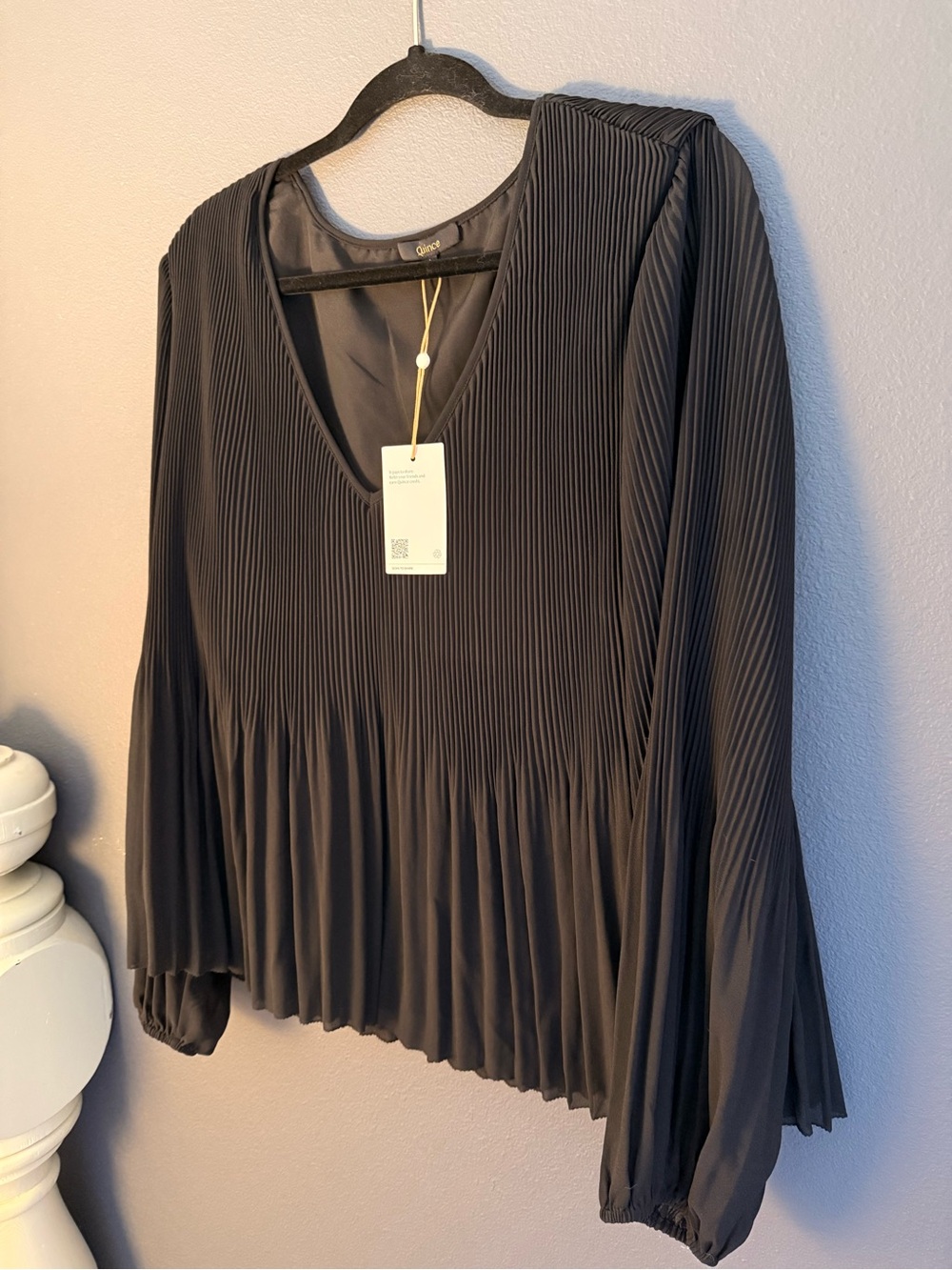 Quince Black Pleated V-Neck Long Sleeve Top